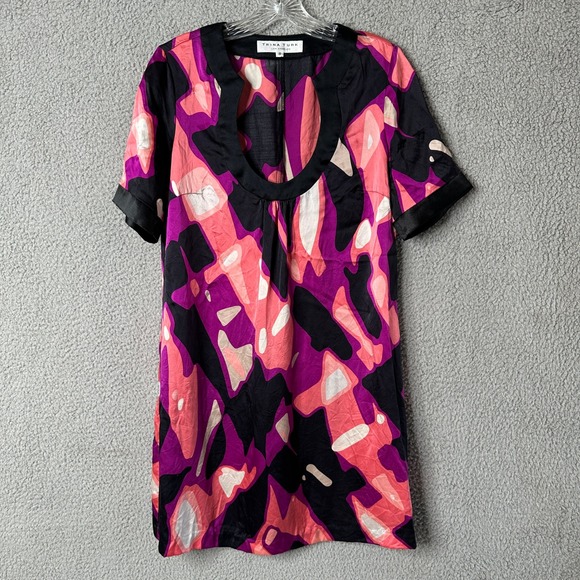 Trina Turk Womens Retro Bonita Shift Dress 8 Black Purple Silk Bell Sleeve 70s - Picture 1 of 9